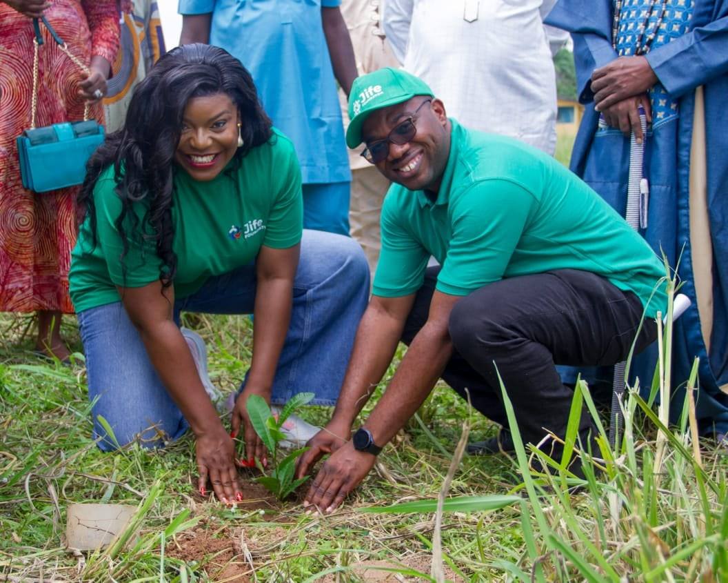 Two JIFE Foundation team members kneeling to plant a cashew seedling in the ground.